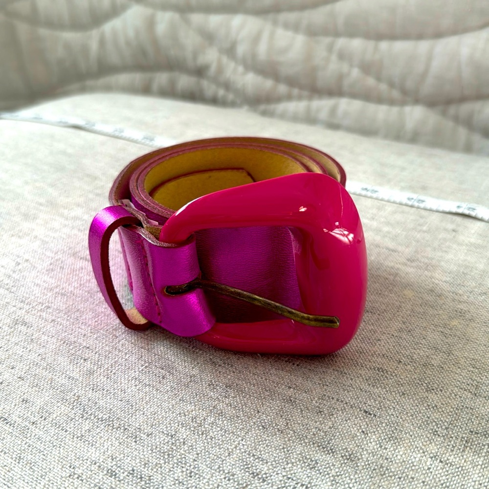 Women's Bright Pink Leather Belt with Glossy Buckle